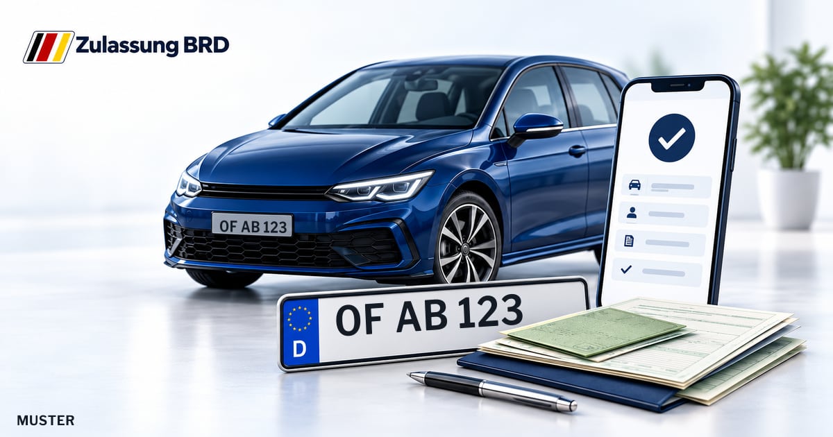 Online Fahrzeugzulassung in Rodgau: Musterkennzeichen OF AB 123, Auto und Fahrzeugpapiere und Smartphone. Illustration mit Logo von Zulassung BRD.